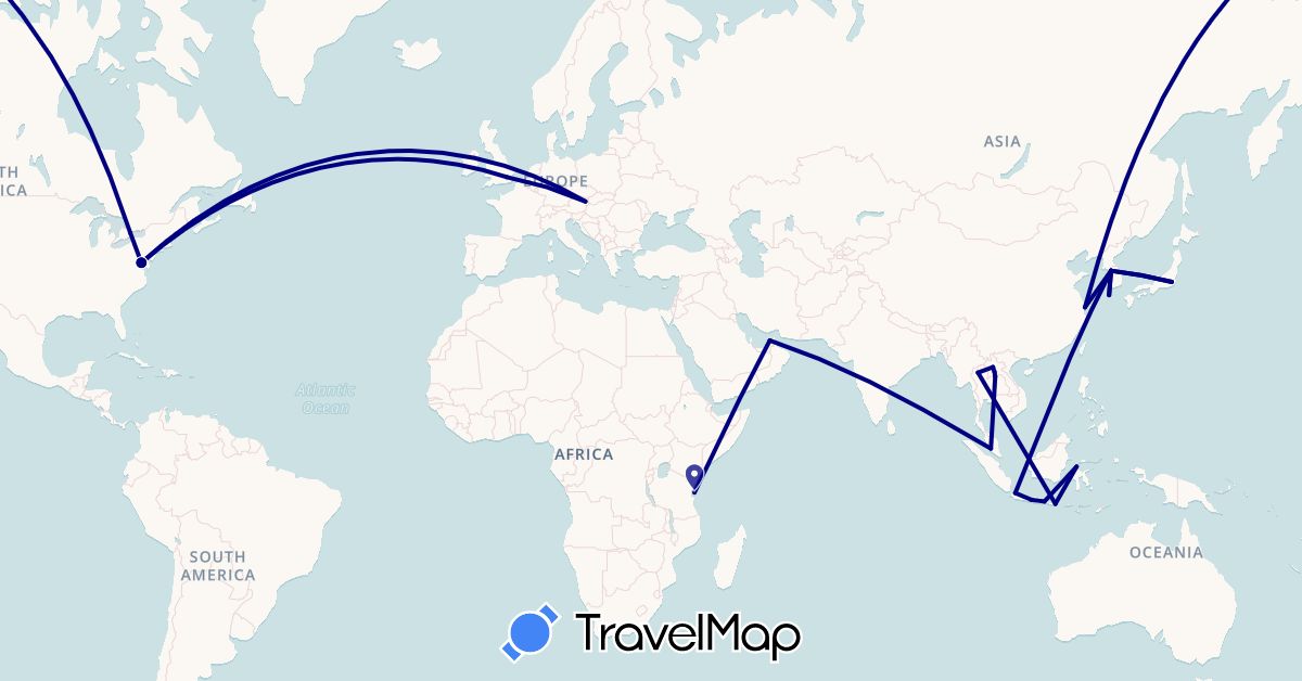 TravelMap itinerary: driving in United Arab Emirates, Austria, Canada, China, United Kingdom, Indonesia, Japan, South Korea, Laos, Malaysia, Thailand, Tanzania, United States (Africa, Asia, Europe, North America)